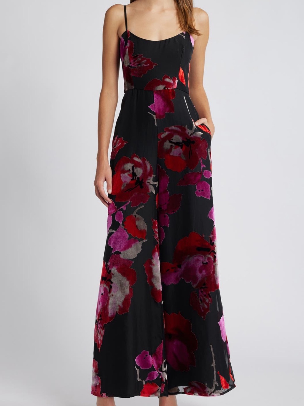 Hutch Black Floral Wide-Leg Jumpsuit with Red & Pink Blooms